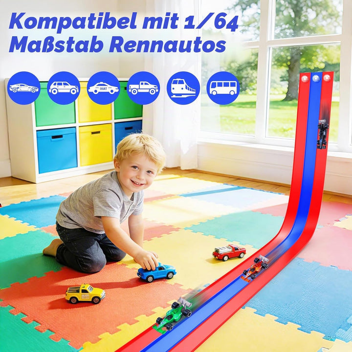 Autorennbahn 5M, Flexible Autorennbahn Kinder, Rollt Auf Tragbare Drei Rennstrecke, Rennbahn Kinder