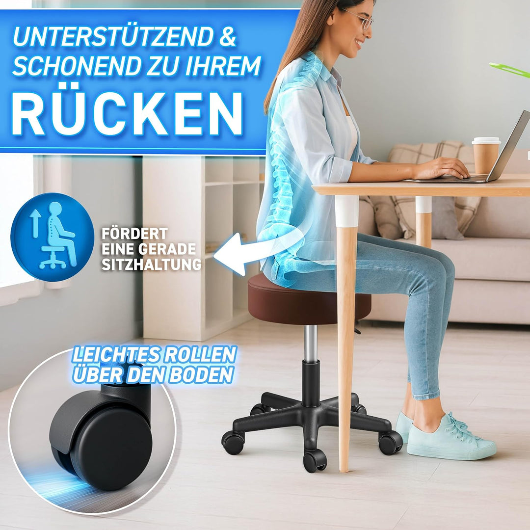 TRESKO® Rollhocker höhenverstellbar 10 cm Dicke Polsterung bis 150 kg | Hocker 47-60cm | Arbeitshock