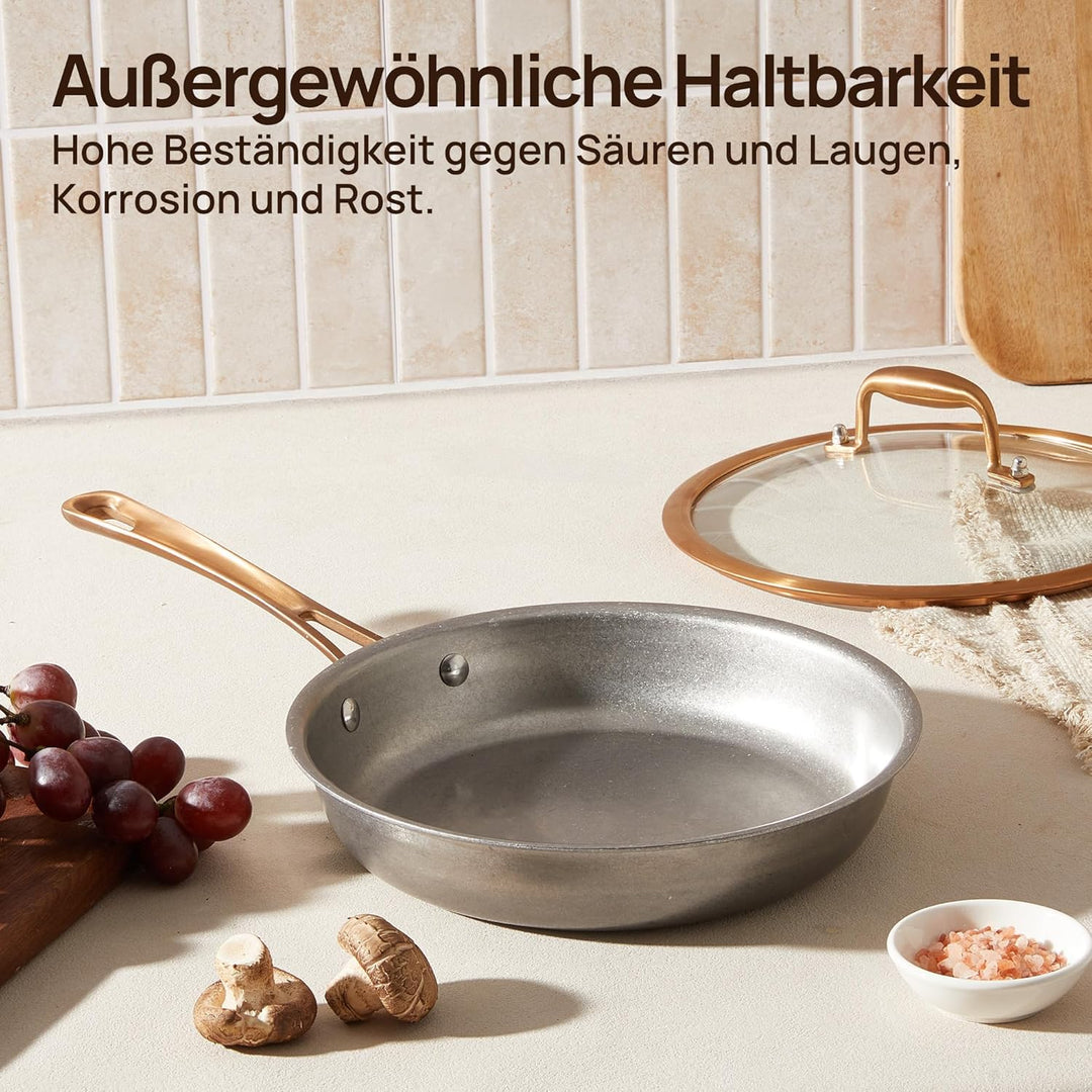KOKHUB 28cm Edelstahl-Bratpfanne mit Deckel, Unbeschichtete Tri-Ply Induktionspfanne, Ofenfeste Stee