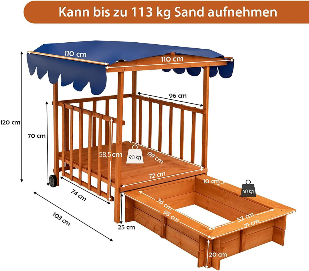 COSTWAY Sandkasten Holz, Spielveranda mit Sandbox, Abdeckung, Dach, Hinterräder, Geländer, rollbarer
