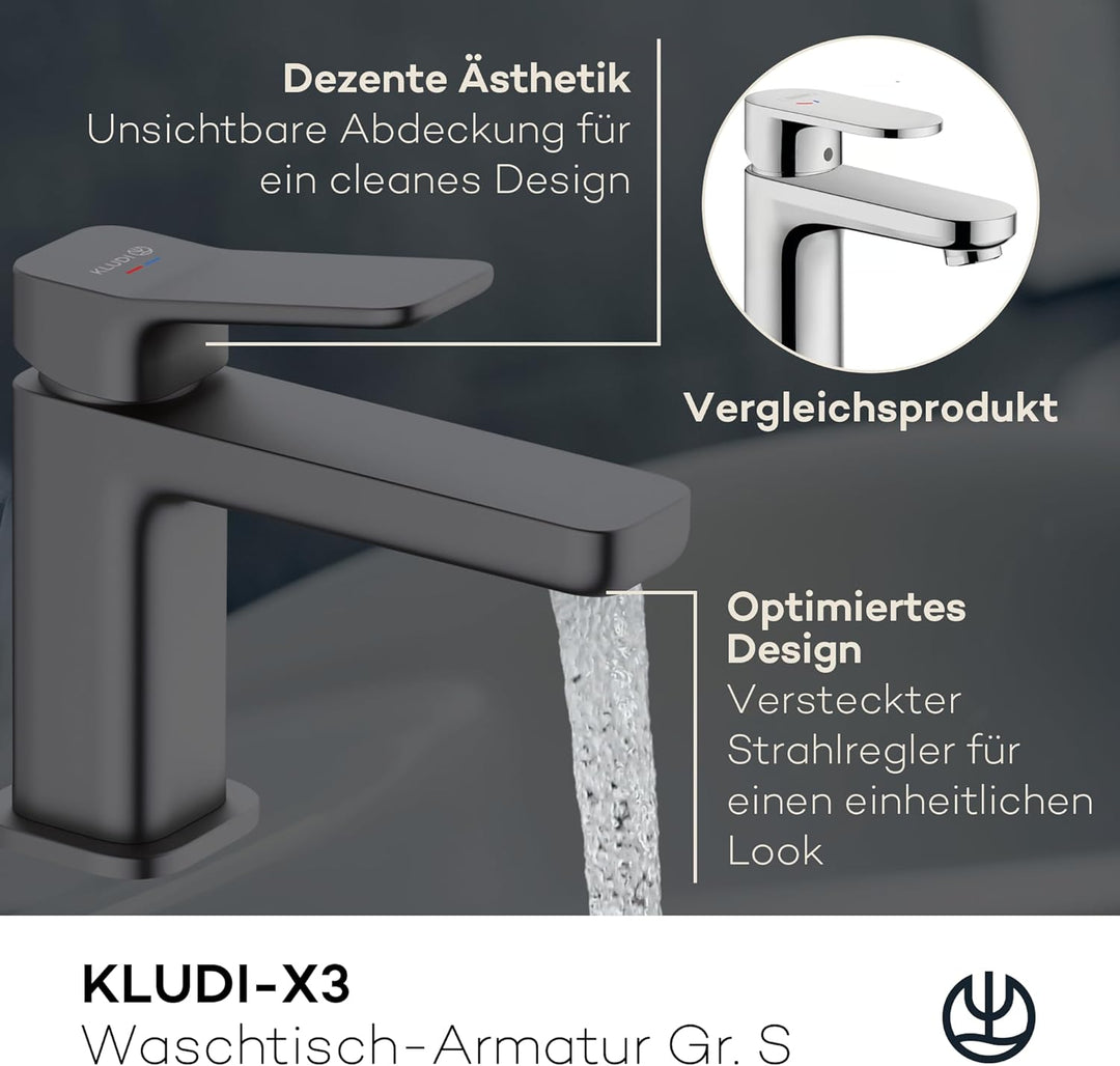 KLUDI-X3 Waschtischarmatur, Auslaufhöhe 85 mm, wassersparender Wasserhahn Bad Schwarz Matt Grösse S,