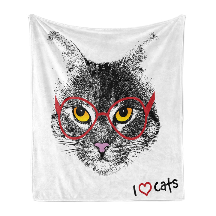 ABAKUHAUS Katze Weiche Kuscheldecke Sofadecke, Nerd-Katze mit Gläsern, Gemütlicher Plüsch für den In