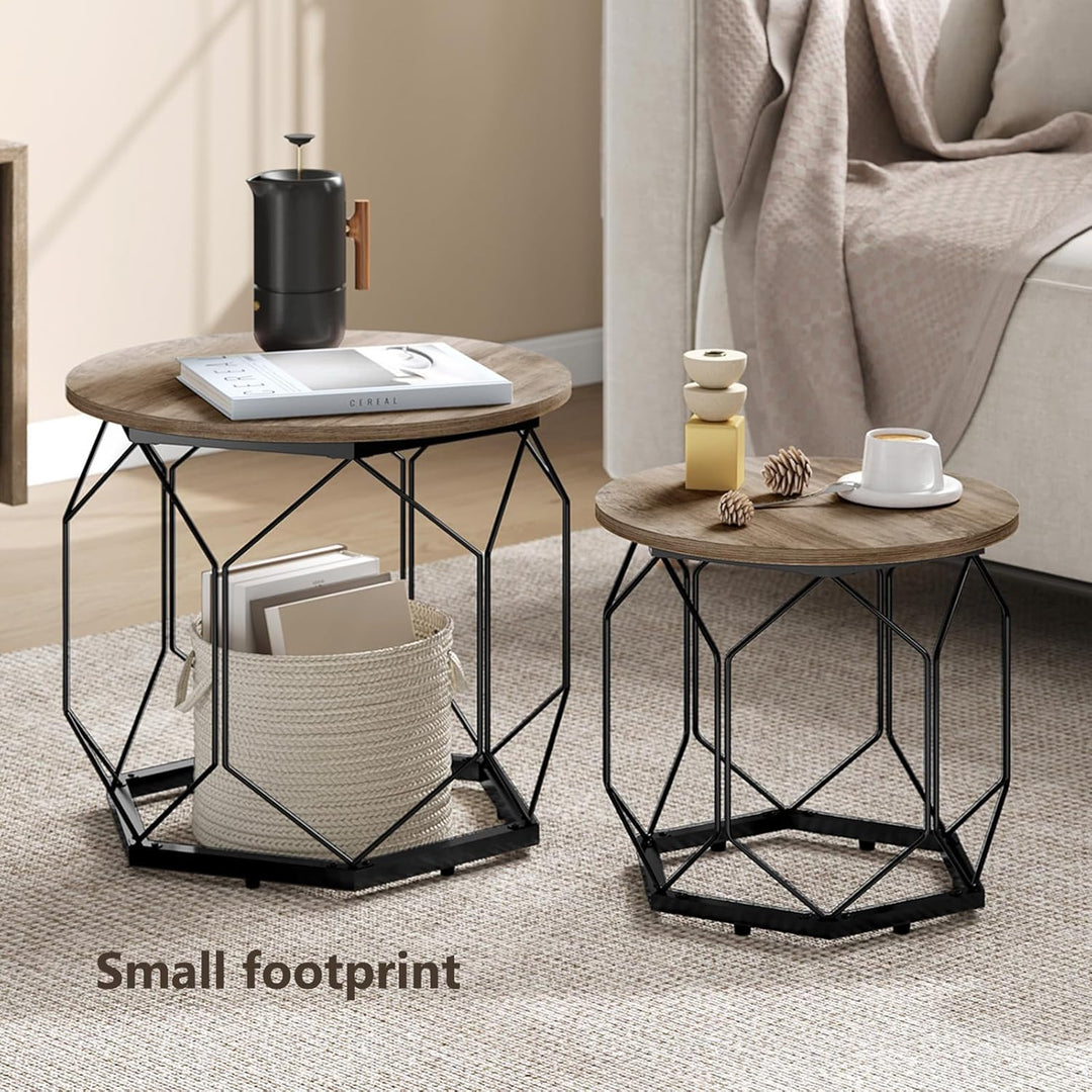 WOLTU 2er Set Couchtisch, Beistelltisch mit runder Tischplatte, Sofatisch mit hohlem Metallrahmen, W
