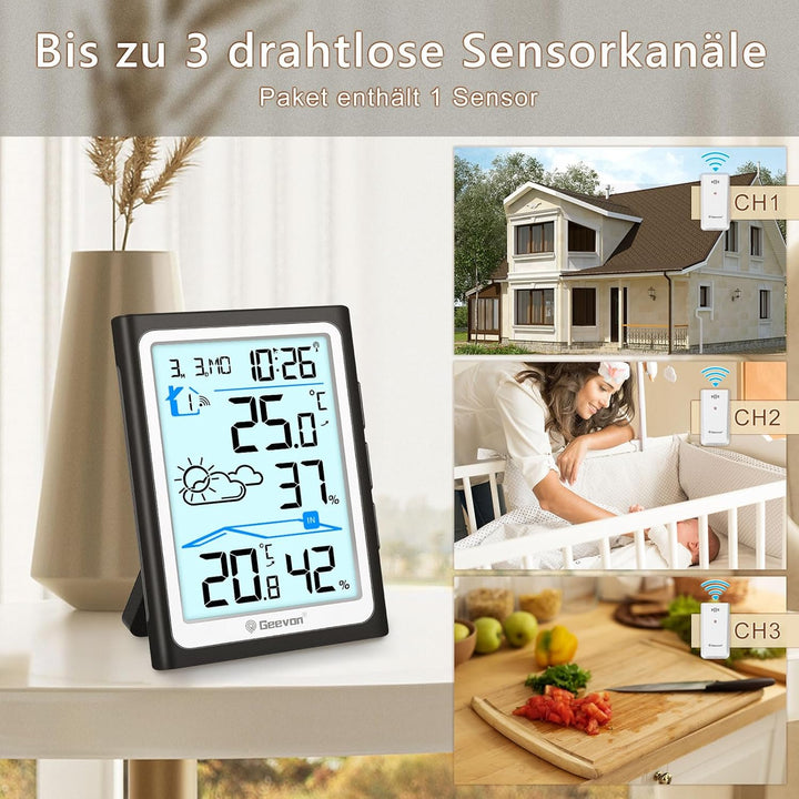 Geevon Wetterstation Funk mit Aussensensor, DCF Digital Wettervorhersage, Innen/Aussen Temperatur Hy