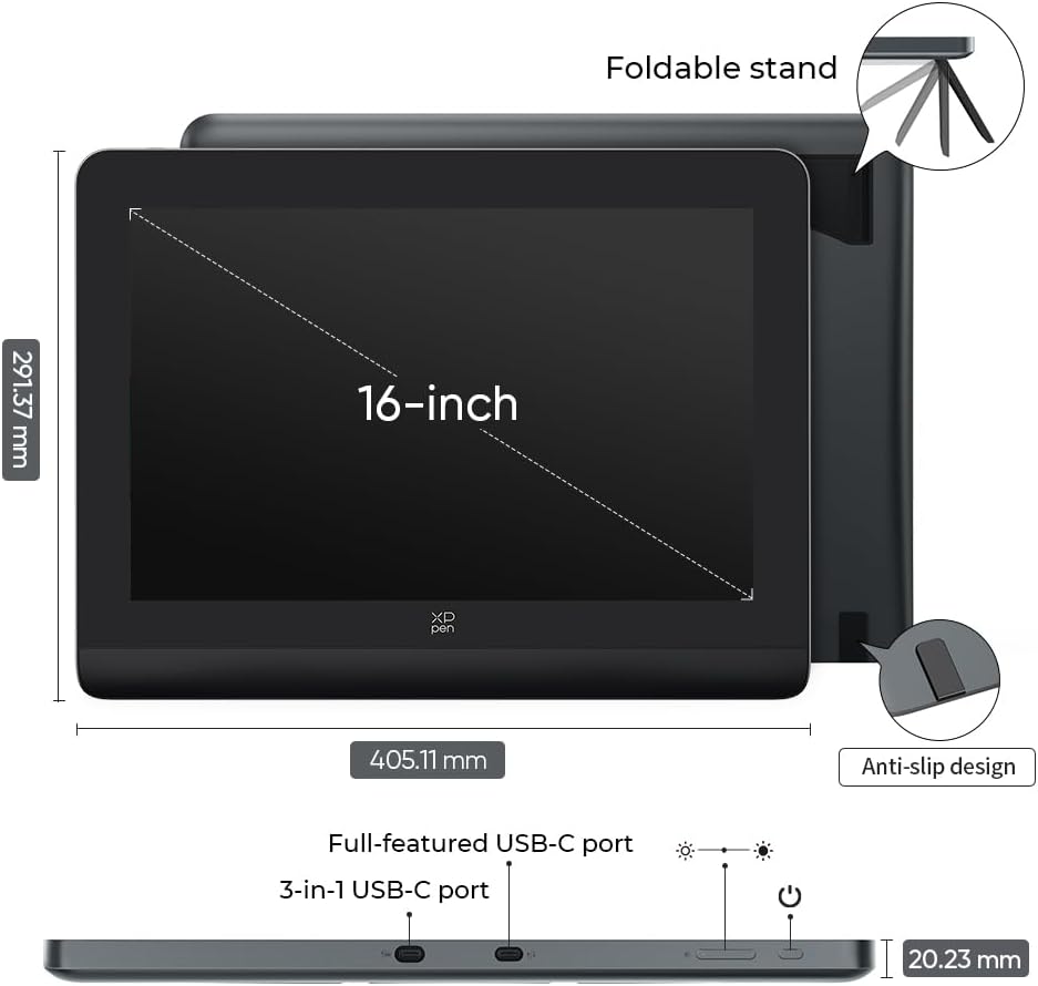XPPen Grafikdisplay Artist Pro 16 Gen.2 Grafiktablett mit 16K X3 Pro Stift, 16Zoll Digitales Zeichen