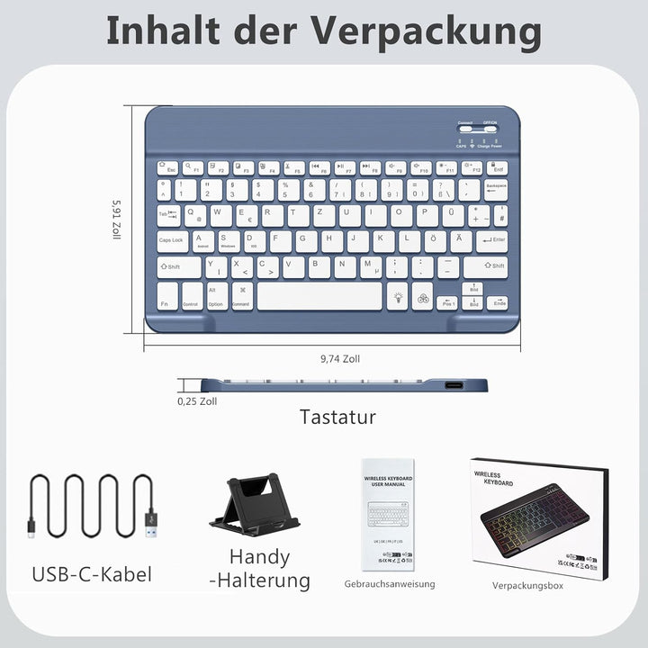 Vobafe Bluetooth Tastatur mit Telefonhalter für iPad Air/Pro/Mini/A16/11/10.9/10.2/iPhone, Kabellose