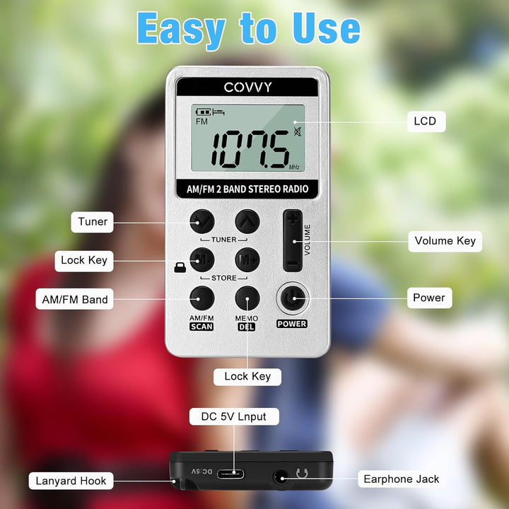 AM/FM Tragbares Radio,Covvy Digitales Pocket Mini Radio mit 500mAh 3.7V Wiederaufladbarer Akku und K