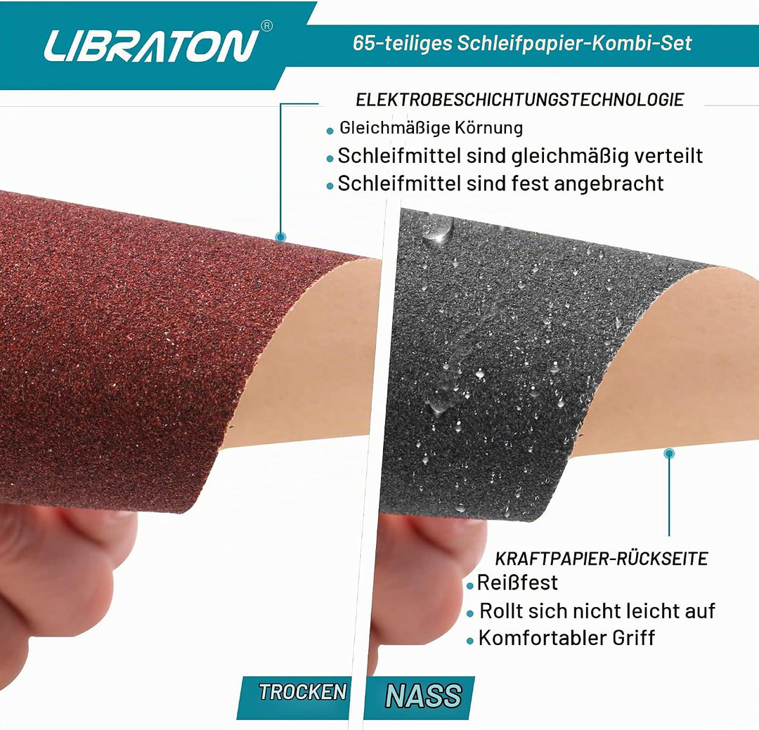 Schleifpapier, Schleifpapier holz, Schleifpapier Set K80 bis K600, Handschleifer, Sandpapier Set 65