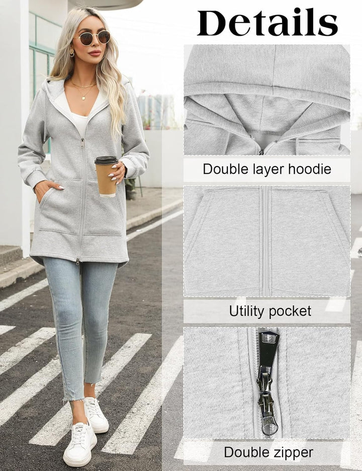 Tuopuda Sweatjacke Damen Lange Übergangsjacke Hoodie Jacke Oversize Reissverschluss Winterjacke Lang