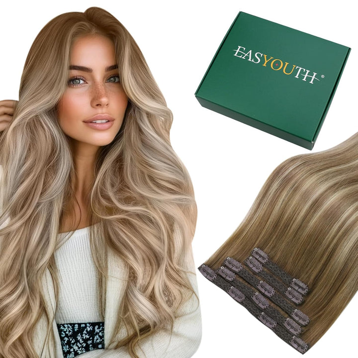 Easyouth Balayage Clip in Echthaar Extensions Clip in Haarverlangerung Dunkelbraun Mix Aschbraun und