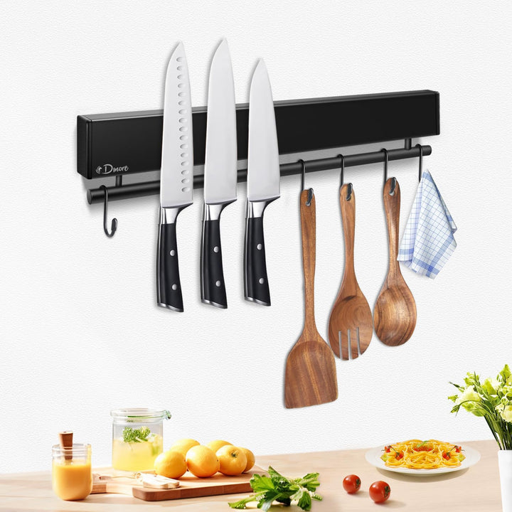 Dmore 30 cm Magnetleiste Messer mit 5 Haken, schwarzer Messerhalter magnetisch mit Hakenleiste, extr
