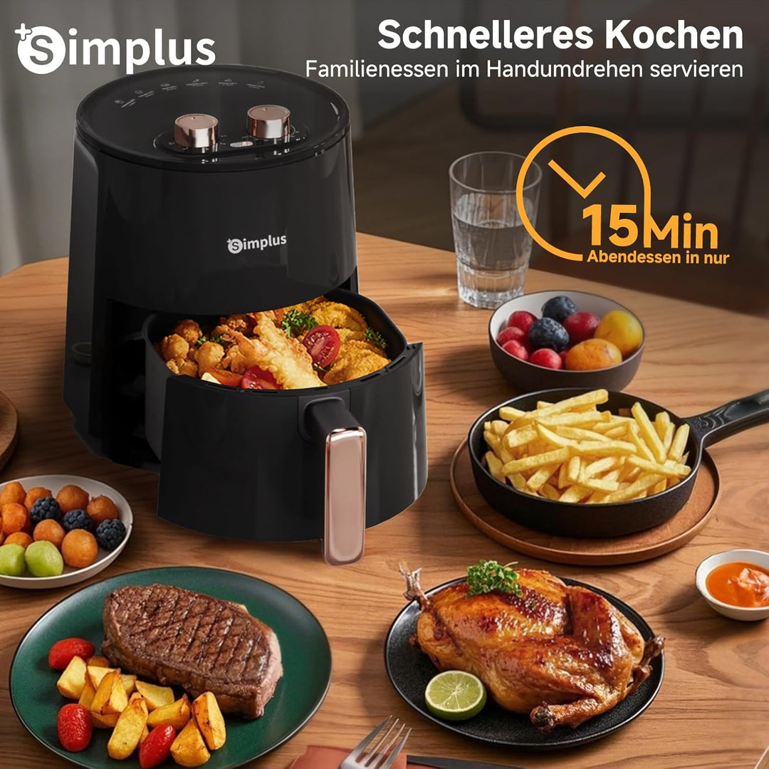 SIMPLUS Heissluftfritteuse 4L, 1300W Airfryer ohne Öl, 360° Heissluftzirkulation, 6 Temperaturstufen