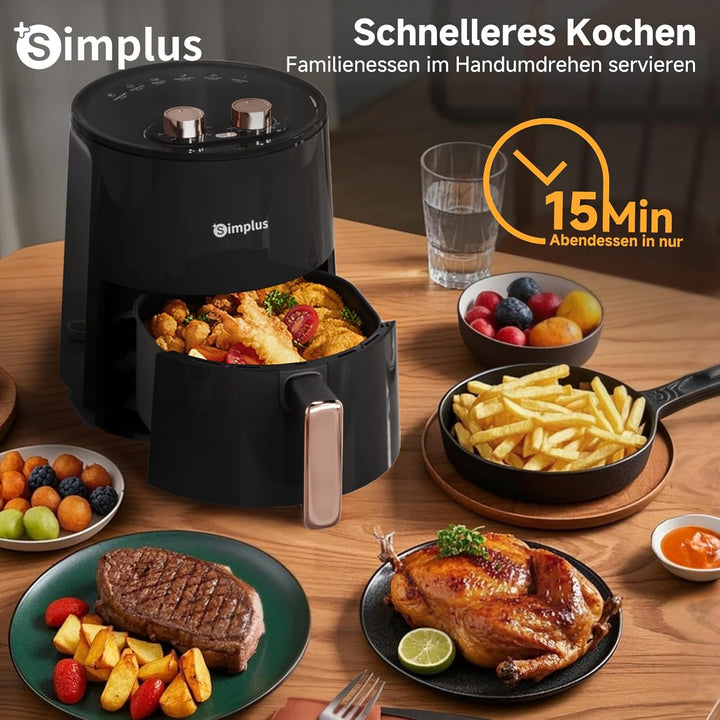 SIMPLUS Heissluftfritteuse 4L, 1300W Airfryer ohne Öl, 360° Heissluftzirkulation, 6 Temperaturstufen