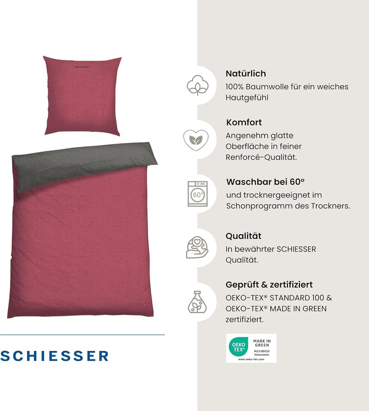 Schiesser Wendebettwäsche Doubleface Rot-Anthrazit, 100% Baumwolle, Grösse:135 x 200 cm + 80 x 80 cm