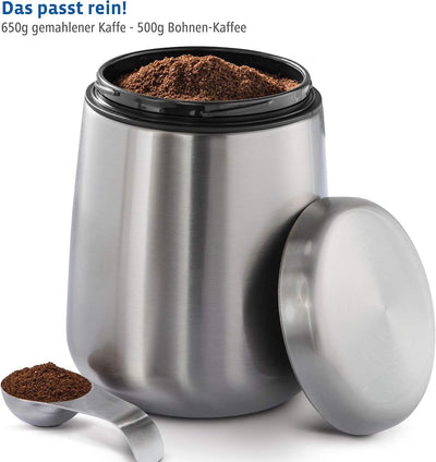 Kaffeedose Edelstahl 500g (luftdichte Edelstahldose inkl. magnetischem Dosierlöffel im Deckel, Anti