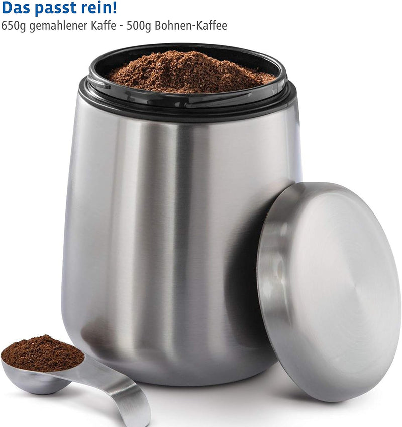 Kaffeedose Edelstahl 500g (luftdichte Edelstahldose inkl. magnetischem Dosierlöffel im Deckel, Anti