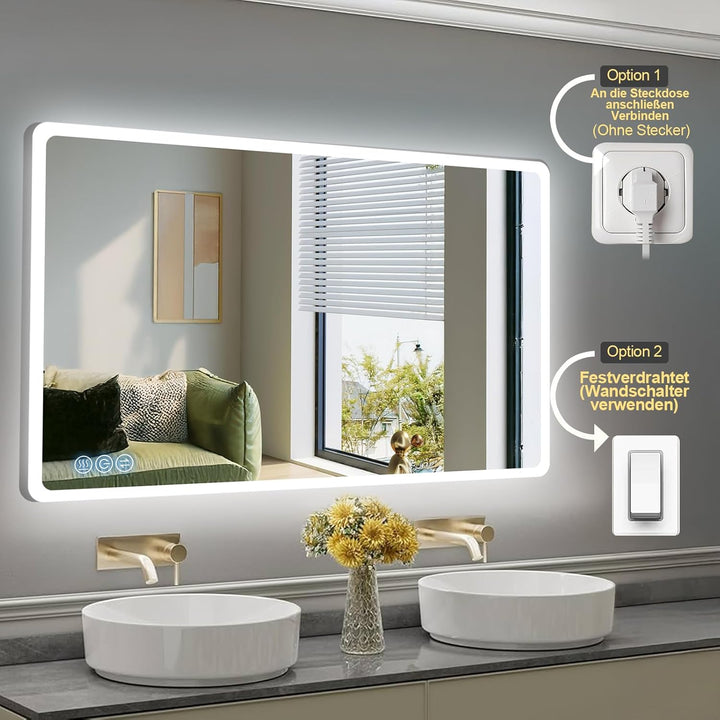 Badspiegel mit Beleuchtung 100x60cm, Badezimmerspiegel Wandspiegel und Touch-Schalter, IP65-Led-Spie