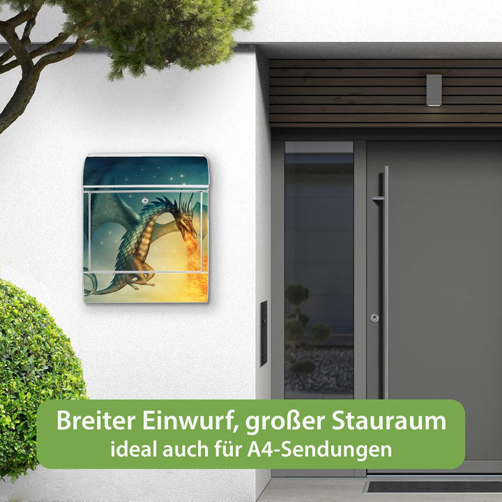 banjado® Design Briefkasten mit Motiv Drachen 39x47x14cm &amp; 2 Schlüssel - Briefkasten Stahl weiss mit