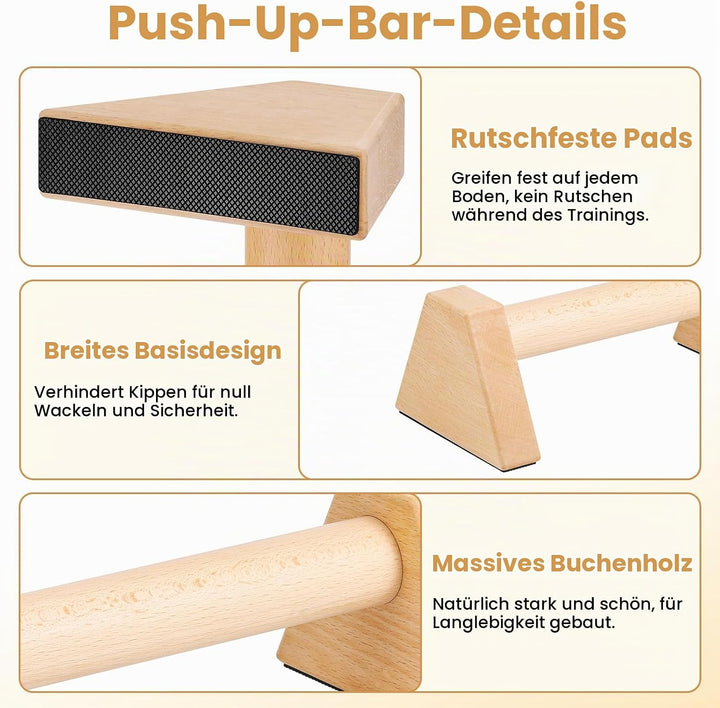 Liegestützgriffe Holz, 2 Rutschfeste Handstand Griffe, Ergonomische Parallettes, Stabil &amp; Langlebig