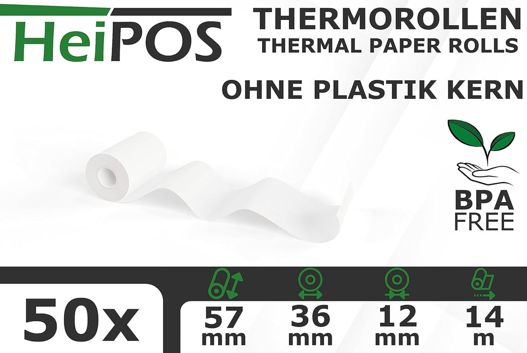 HeiGroup - HeiPOS 50x Thermorollen ohne Plastikkern - 57mm x 14m, Rollen Ø 36mm, Kern Ø 12mm, Fläche