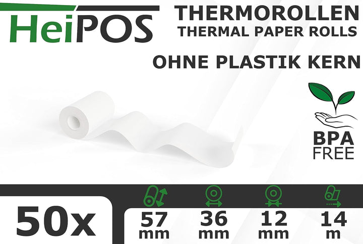 HeiGroup - HeiPOS 50x Thermorollen ohne Plastikkern - 57mm x 14m, Rollen Ø 36mm, Kern Ø 12mm, Fläche