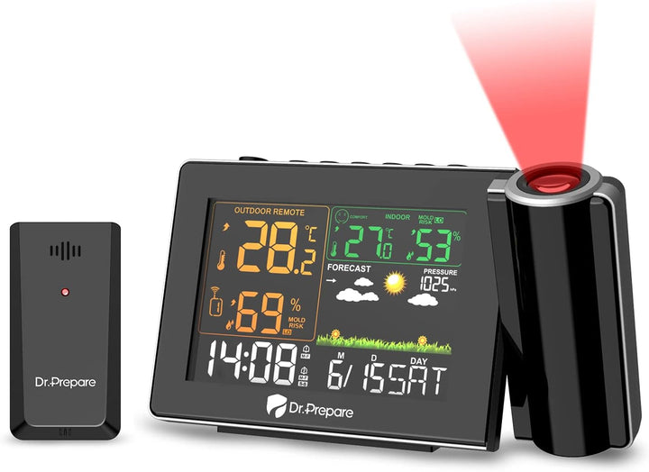 DR.PREPARE Wetterstation mit Aussensensor DCF Projektionswecker Einstellbare Projektionsfokus Wecker