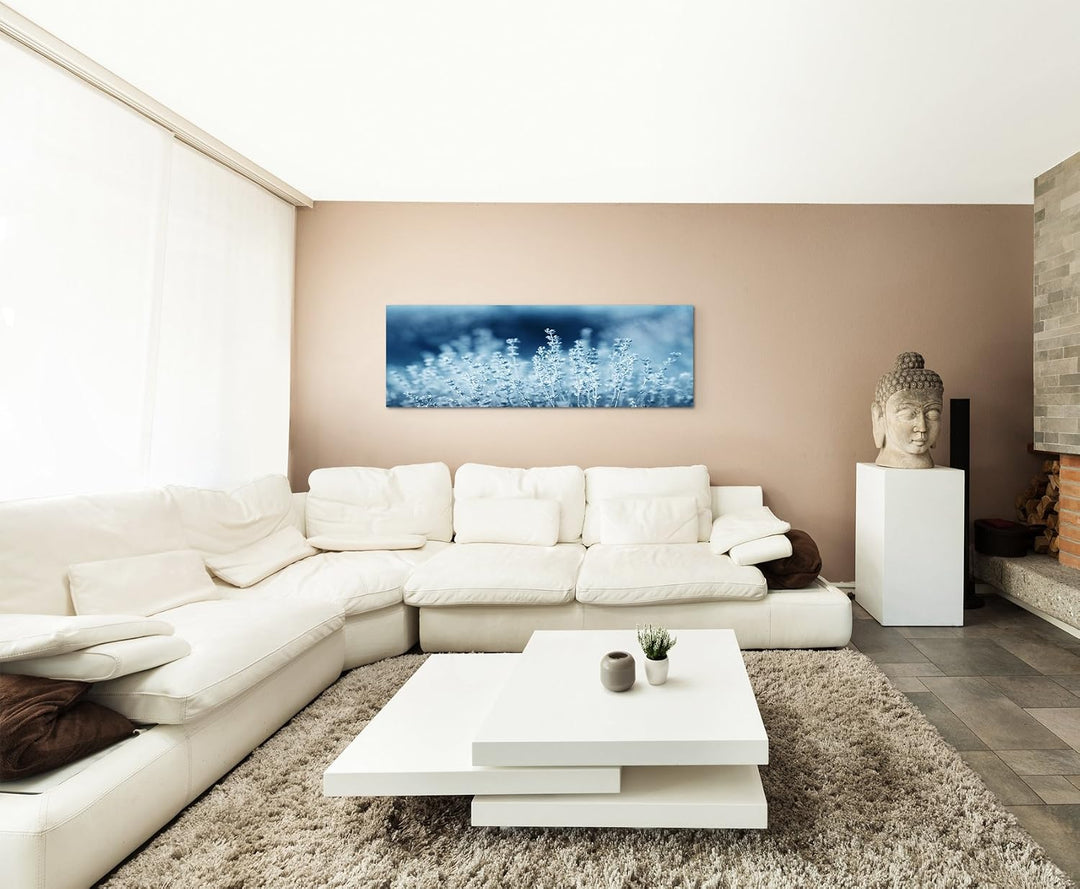Sinus Art 150x50cm Wandbild – Farbe Blau Petrol Panoramabild Wandbild auf echter Leinwand in sehr ho