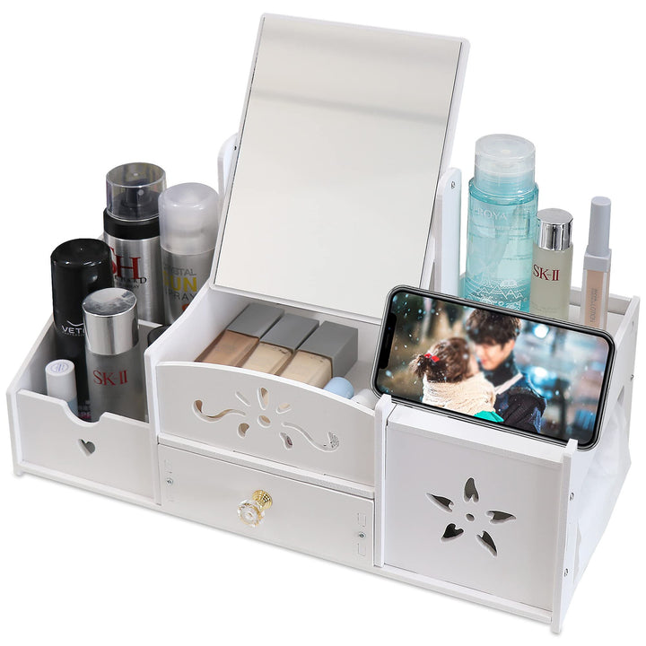 Cosmetic Organizer, Schminktisch Organizer mit Spiegel, Multifunktionaler Desktop Kosmetik Organizer