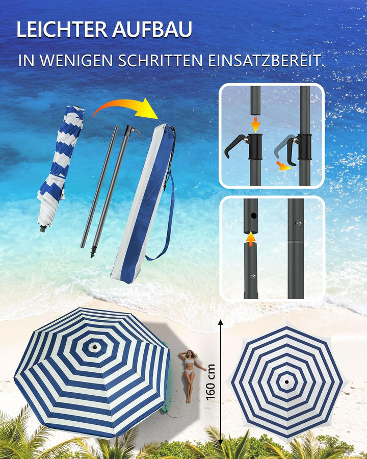 4smile Sonnenschirm Strand Ø 160 cm - UPF 50+ Praktischer Reise Sonnenschirm für Koffer - Funktionel