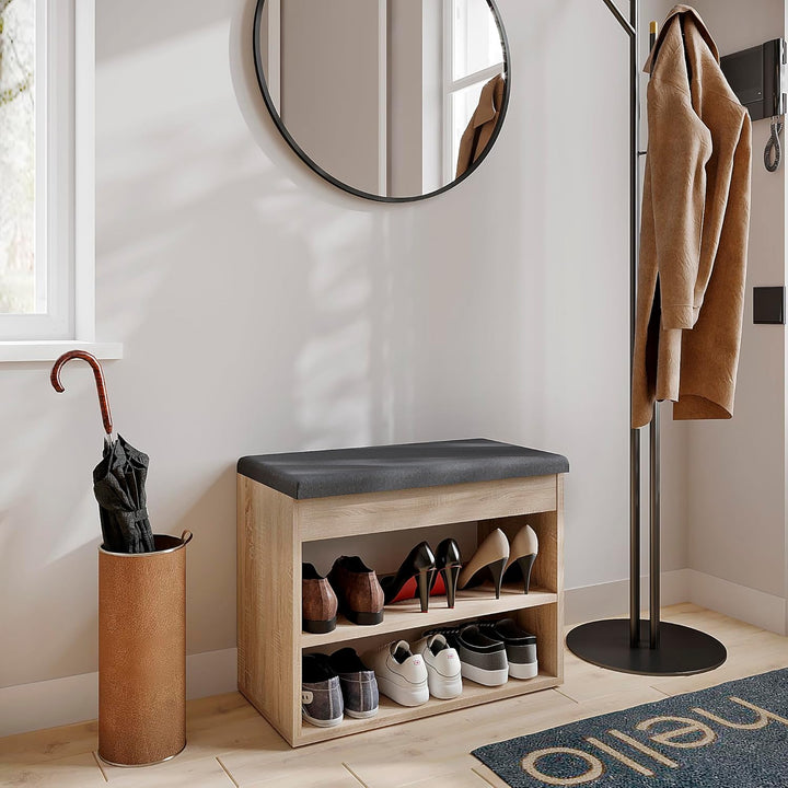 KOMTO Schuhbank mit Sitzfläche - Schuhregal Bank mit Stauraum Sonoma Eiche 60 x 48 x 32 cm Kleiner S