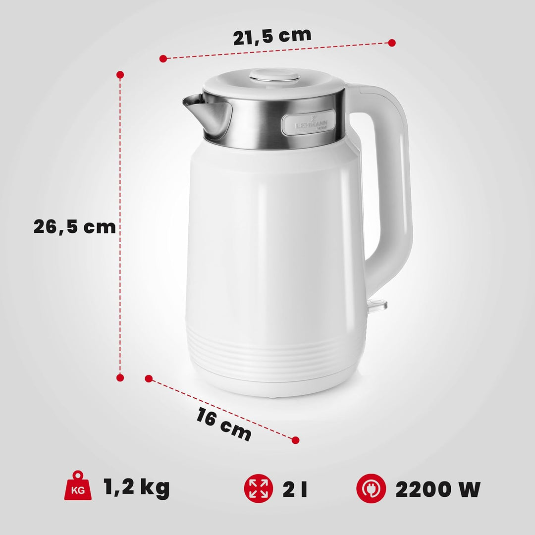 LEHMANN Elektrischer Wasserkocher Edelstahl 2L, 2200W, Schnelles Aufheizen, Doppelwand Design, 360°
