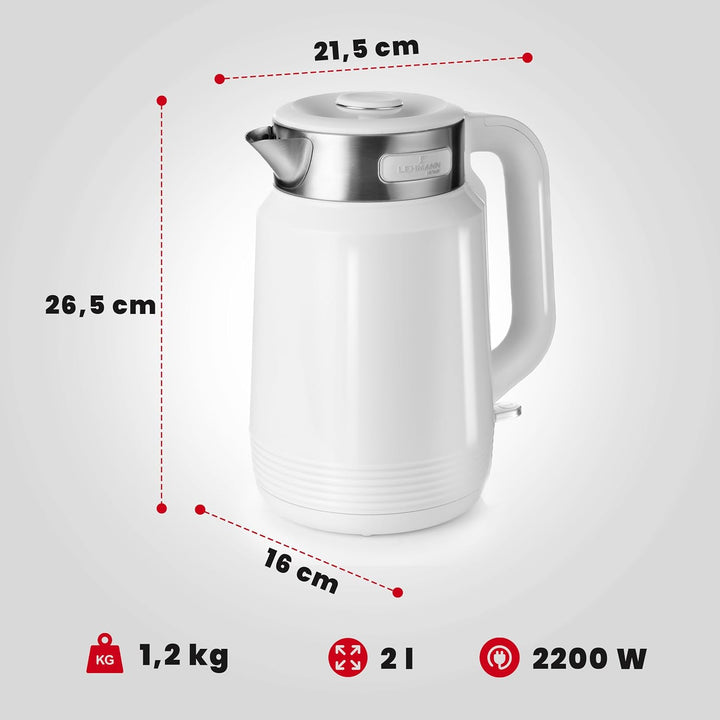 LEHMANN Elektrischer Wasserkocher Edelstahl 2L, 2200W, Schnelles Aufheizen, Doppelwand Design, 360°