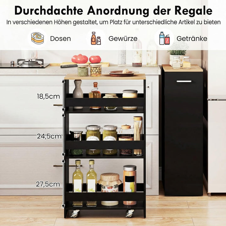 COSTWAY Nischenwagen 25cm breit, 4 Etagen Küchenwagen schmal, Nischenregal auf Rollen, Servierwagen