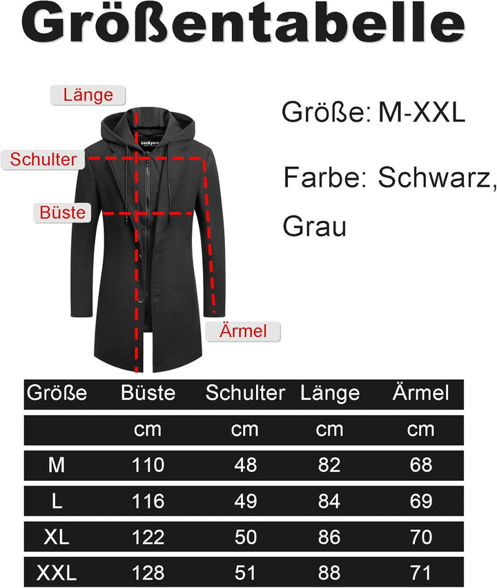 Luckyone Wintermantel Herren Mantel Slim Fit Lang Wollmantel Business Mantel mit Stehkragen Herren W