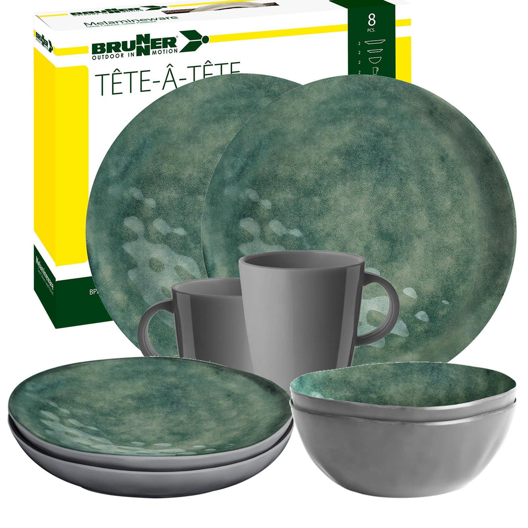 BRUNNER Campinggeschirr Melamin 2-4 Personen (Set: 8, 12, 16 oder 36 Teilig) - Venetian SEA Green -