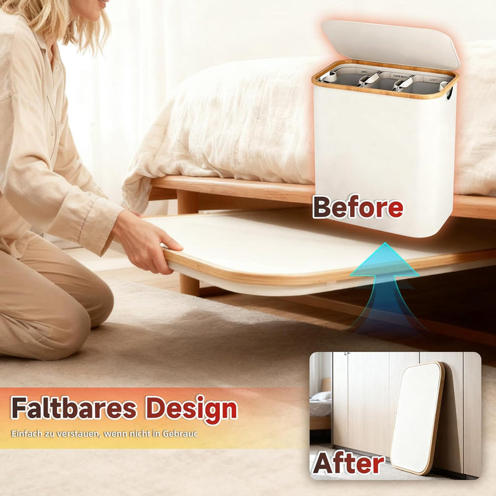 Faltbarer Wäschekorb 3 Fächer mit Deckel, Grau | 160L Grosser Laundry Basket, Oxford Material, Für S