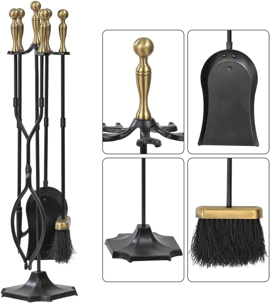 Amagabeli 5 Stück Kaminwerkzeuge Sets Messinggriffe Schmiedeeisen Set und Halter Indoor Outdoor Feue