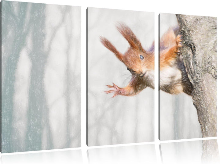 Pixxprint Neugierig rotes Eichhörnchen / 3-Teilig/Gesamtmass 120cm Leinwandbild bespannt auf Holzrah