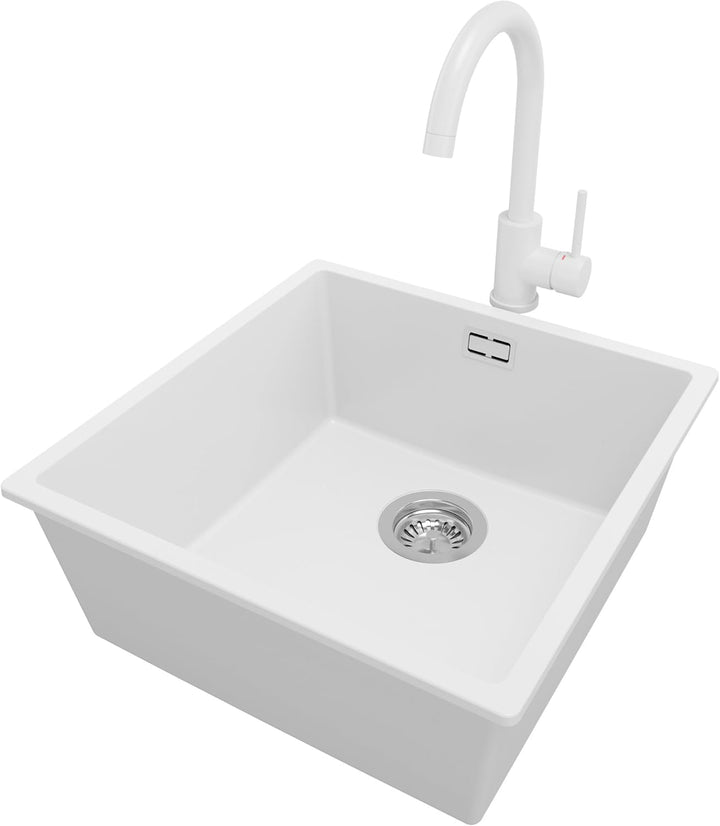 Spülbecken Weiss 46 x 47 cm, Granitspüle 1 Becken + Ablauf-Set + Küchenarmatur, Einbauspüle ab 50er