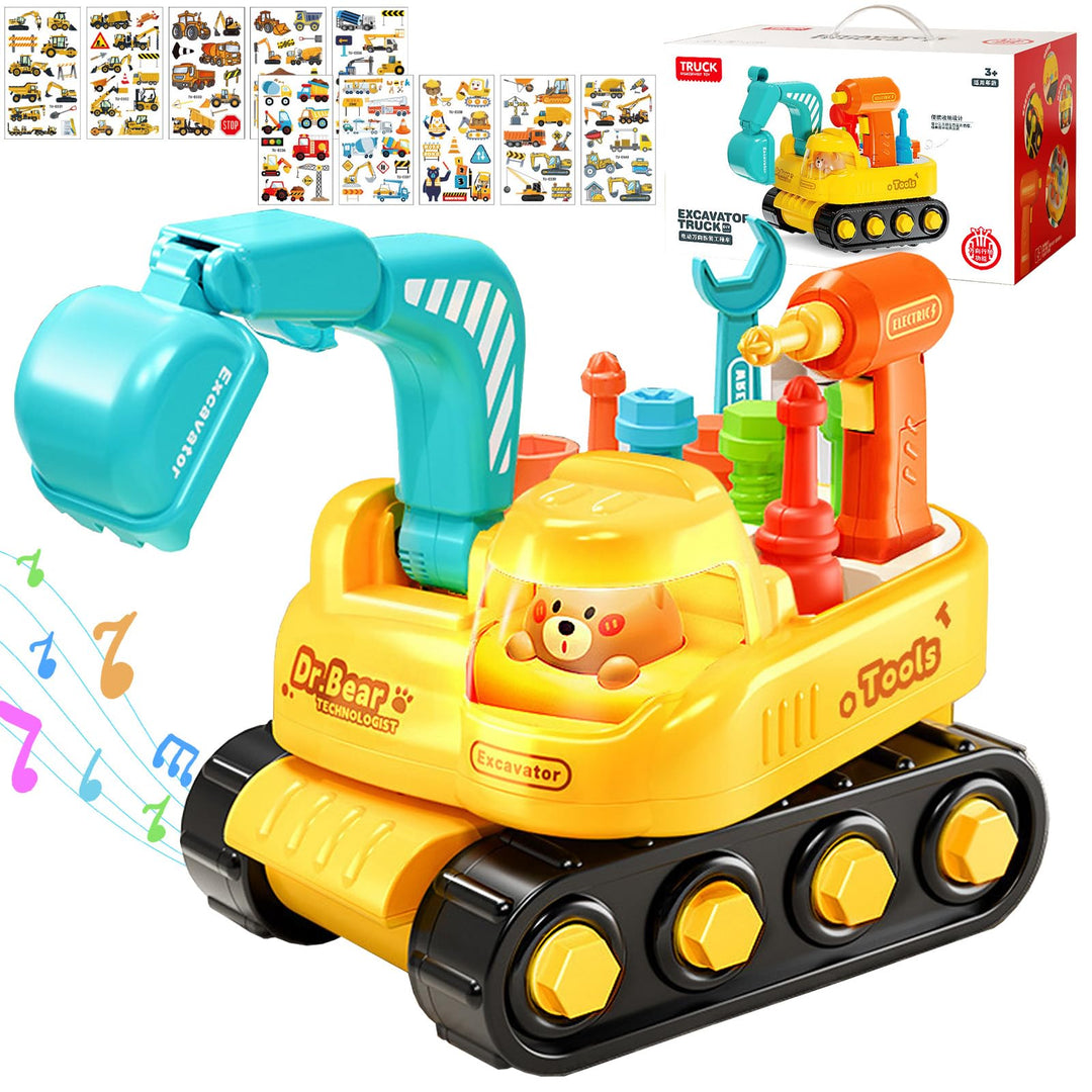 Bagger Kinder 3 Jahre Montessori Schraubbrett Baufahrzeuge Spielzeug mit Aufkleber &amp; Bohrmaschine Mu