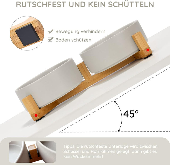 SPUNKYJUNKY Hundenapf Keramik Doppel Hund Futternapf mit Bambus Ständer für Katzen und Hunde (400ml,