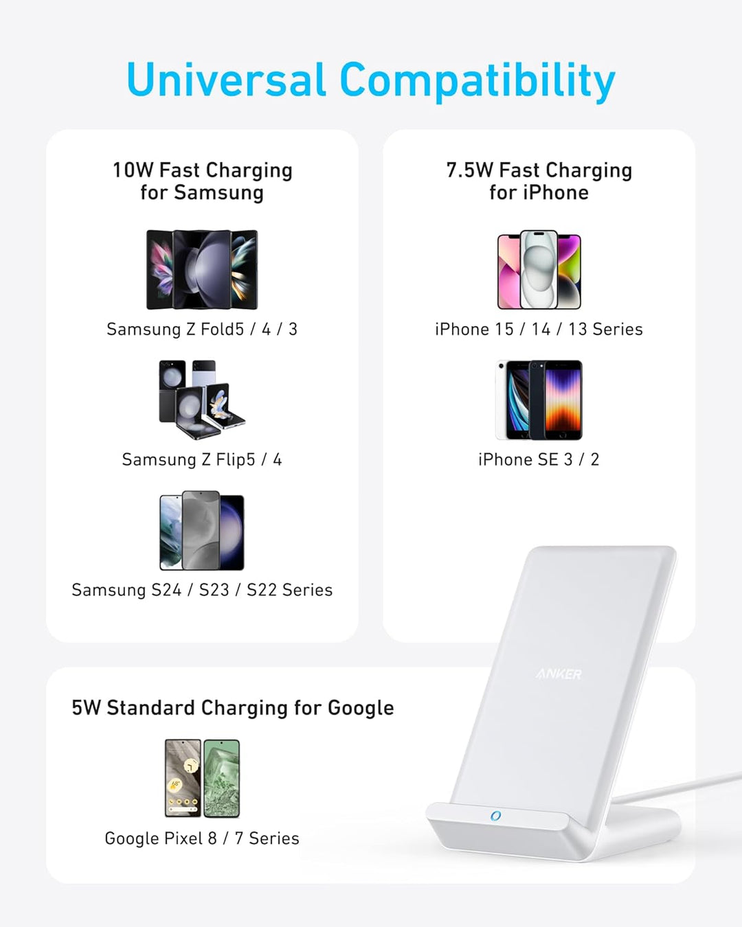 Anker 313 Induktive Ladestation, Qi-Zertifiziert, Geeignet für iPhone 15/15 Pro / 15 Pro Max, SE (20