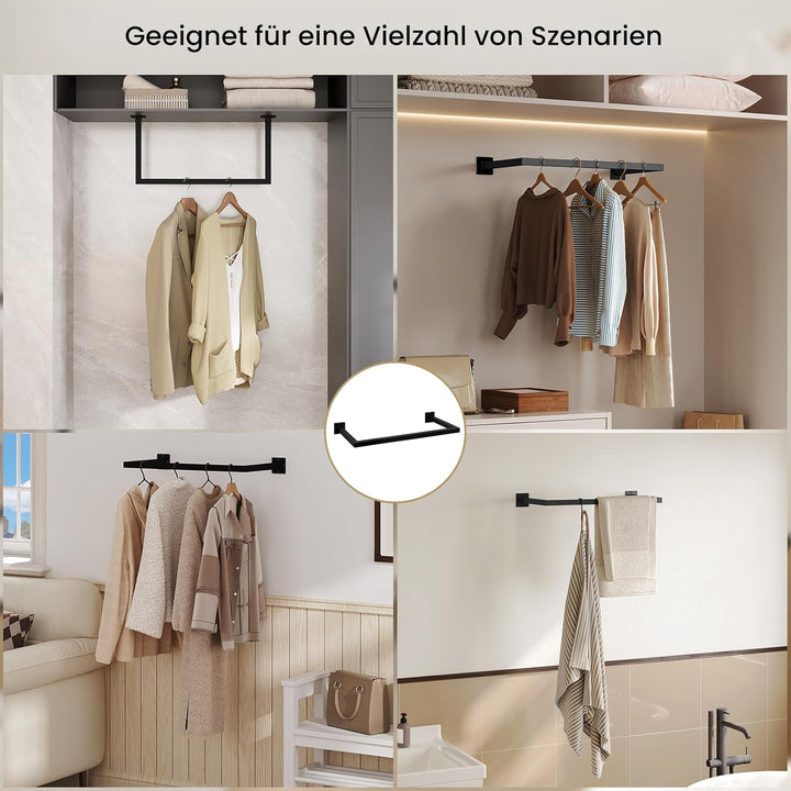 2er Set Kleiderstange Wand Rechteck, Garderobenstange Wandmontage, aus Industrierohr, platzsparend,