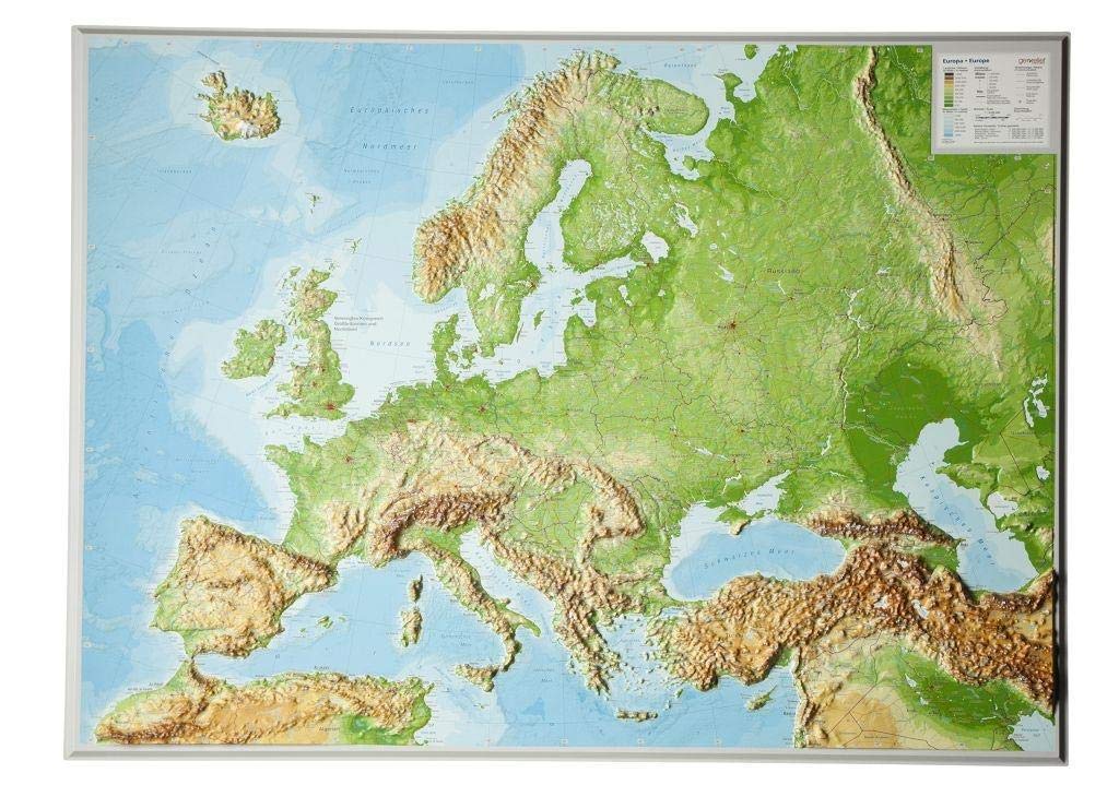 Europa Gross 1:8.000.000 ohne Rahmen: Reliefkarte Europa (Tiefgezogenes Kunststoffrelief), Karte