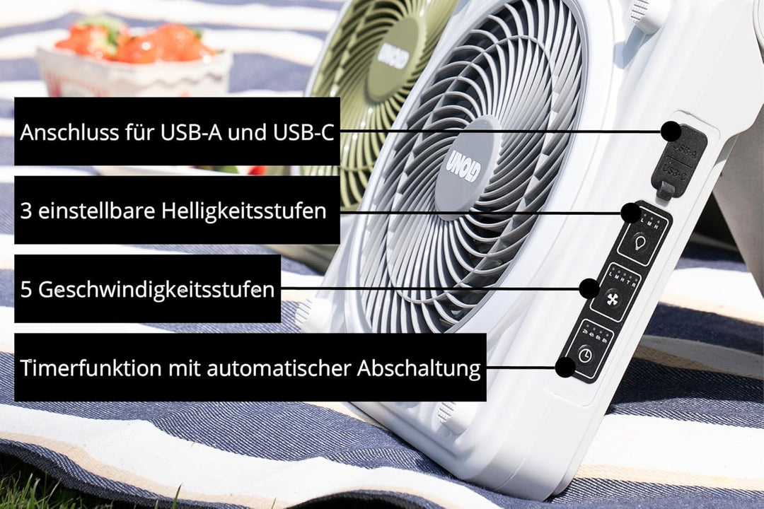 Unold 86517 Standventilator – Solarventilator für Camping | Akku-Solar-Ventilator mit LED-Beleuchtun