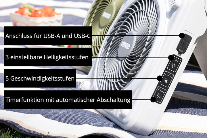 Unold 86516 Standventilator – Solarventilator für Camping | Akku-Solar-Ventilator mit LED-Beleuchtun