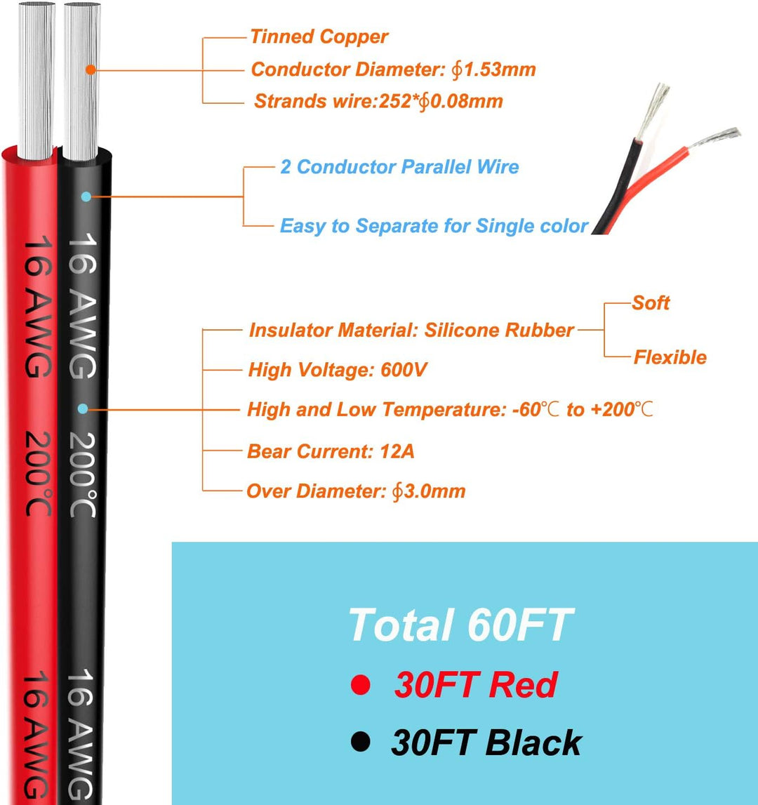 16 AWG Silikon-Elektrodraht, 2 Leiter, parallele Drahtlinie, 18,3 m, schwarz, 9 m, rot, 9 m, 16 Gaug