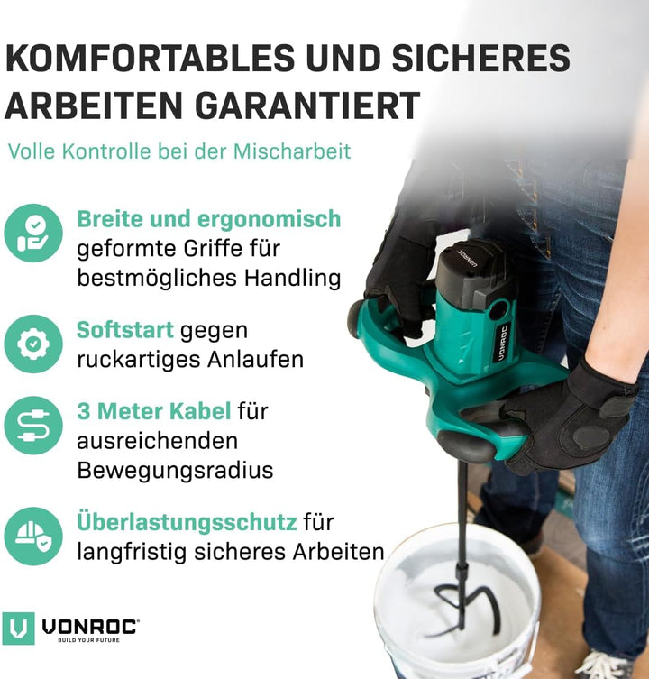 VONROC Farb-/Zementmischer 1800 W – 2 Beschleunigungsstufen – Soft Start – Konstant-Elektronik – 3 m