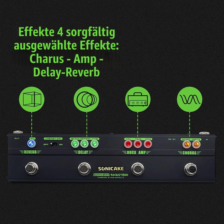 SONICAKE Gitarre Multi Effekte Pedal Classic Rock Tone Distortion Chorus Delay Reverb Cab Sim Gitarr