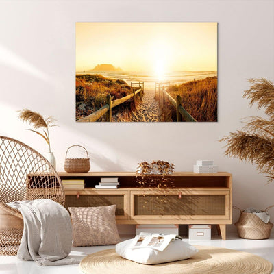 Bilder auf Leinwand 100x70cm Leinwandbild Sonnenaufgang Welle Insel Meer Gross Wanddeko Bild Schlafz